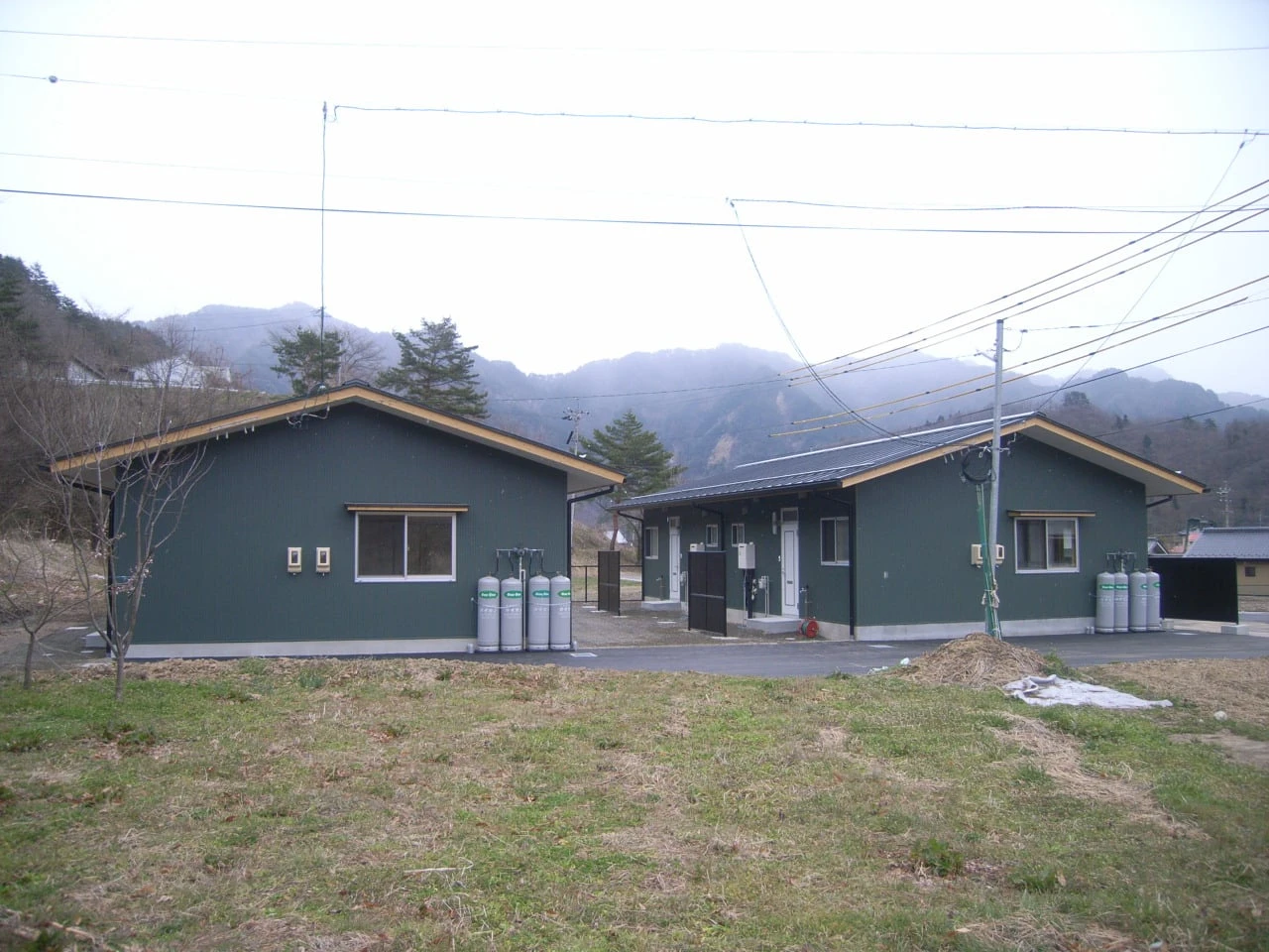 同じ造りの住宅が2棟並ぶ外観。背後に山が連なる